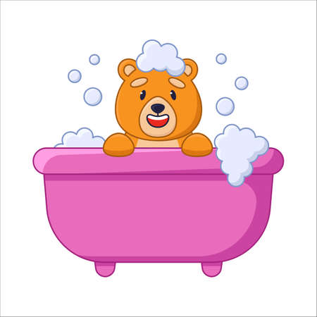 Cute orange bear cartoon character taking bath sticker. Funny happy comic forest animal sitting in foamy bathtub flat vector illustration isolated on white background. Wildlife, emotions conceptのイラスト素材