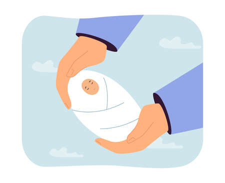 Huge hands holding newborn baby flat vector illustration. Sleeping son, daughter or infant in parents hands. Childbirth, motherhood concept for banner, website design or landing web pageのイラスト素材