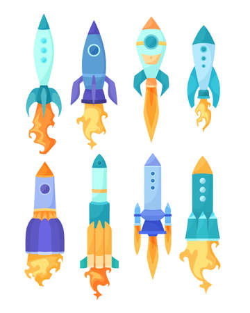 Reactive rockets firing flame and fire cartoon collection set. Colorful missiles taking off, space ship launch with orange jet steam isolated on white background. Flight, speed conceptのイラスト素材