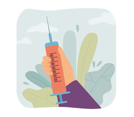 Hand holding syringe with injection flat vector illustration. Coronavirus or flu vaccination. Immunization, healthcare, medicine, treatment concept for banner, website design or landing web pageのイラスト素材