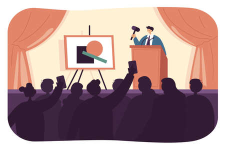 Vektor für Auctioneer selling painting flat vector illustration. Man standing on stage in front of crowd of buyers, selling valuable items, using hummer. Art bidding, sale concept - Lizenzfreies Bild