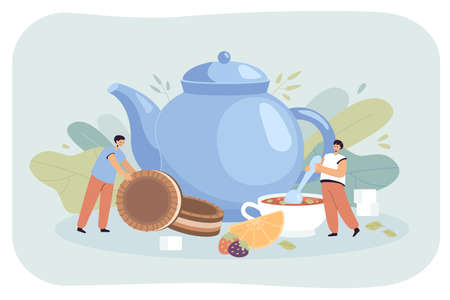 Tiny people with cup of tea and teapot flat vector illustration. Happy girl mixing sugar in huge cup of herbal or fruit tea with lemon. Boy with sweet chocolate biscuits. Hot winter beverage conceptのイラスト素材