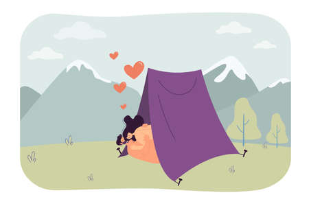 Couple making love in tent in mountains flat vector illustration. Young naked couple lying and hugging. Tenderness, romance, intimate life concept for banner, website design or landing web pageのイラスト素材