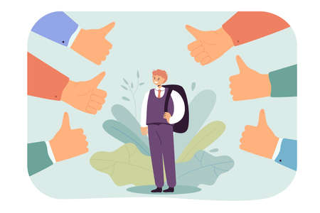 Pupil with backpack surrounded by thumbs up. Boy in official suit being respected by society flat vector illustration. Education, public opinion concept for banner, website design or landing web pageのイラスト素材