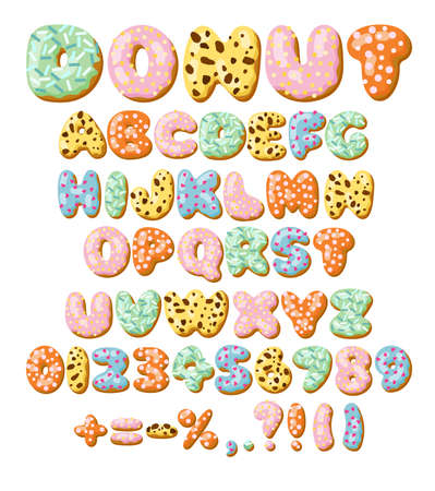 Letters and numbers in donut font vector illustrations set. Designs of alphabet letters and numbers from chocolate donuts or cookies with icing. Food, dessert, typography concept for bakery or cafeのイラスト素材