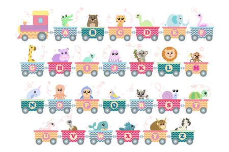 Alphabet train with animals set. Vector illustrations of abc for preschool children learning English letters. Cartoon funny pets sitting in vehicles isolated on white. Education, game conceptのイラスト素材