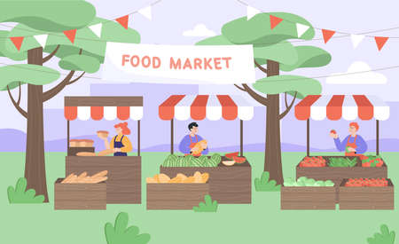 Cartoon farmers behind counters at food market on street. People selling fresh food at local market flat vector illustration. Trade, grocery shopping concept for banner, website design or landing pageのイラスト素材