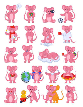Pink mouse cartoon character in different poses sticker set. Collection of cute drawings with funny mouse, rat mascot vector illustrations isolated on white background. Emotions, animals conceptのイラスト素材