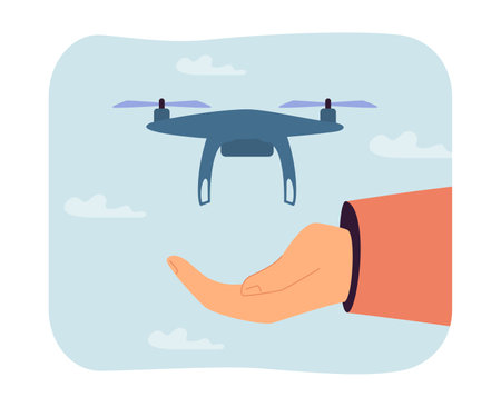 Drone flying above hand of person. Wireless modern equipment for surveillance or filming flat vector illustration. Technology, innovation concept for banner, website design or landing web pageのイラスト素材
