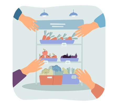 Hands reaching for vegetables on rack shelves. Carrots, apples, cabbage, eggplants in containers flat vector illustration. Grocery shopping, healthy food concept for banner or landing web pageのイラスト素材