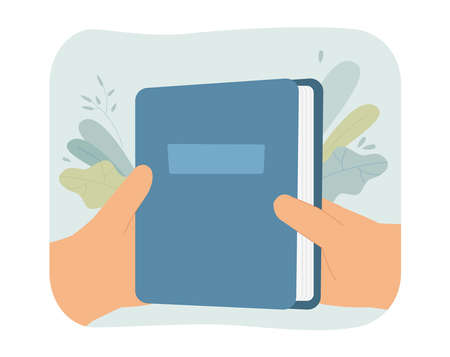 Hands holding closed book with blue cover. Library or bookshop advertisement or mobile app for reading digital books flat vector illustration. Literature, education concept for banner or landing pageのイラスト素材