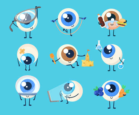 Cute eyeball character cartoon illustration set. Sad and sick eye or human organ holding carrot, blueberry and fast food, looking at laptop screen, wearing eyeglasses, exercising. Eyesight conceptのイラスト素材