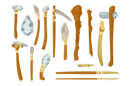 Ancient tools from bones and stones vector illustrations set. Primitive weapons of prehistoric people or barbarians for hunting, knife, axe isolated on white background. History, Stone age conceptのイラスト素材