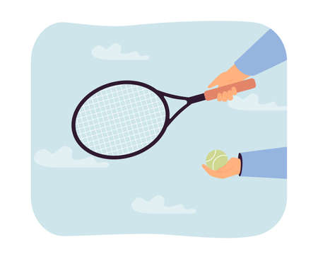 Athletes hands holding tennis racket and ball. Active person training on court, playing sport game flat vector illustration. Competition, match concept for banner, website design or landing web pageのイラスト素材