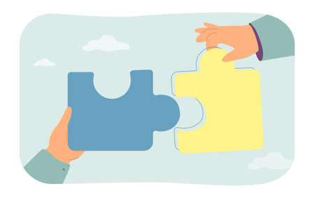 Hands connecting jigsaw puzzle pieces with Ukrainian flag. Community of people united in support of...