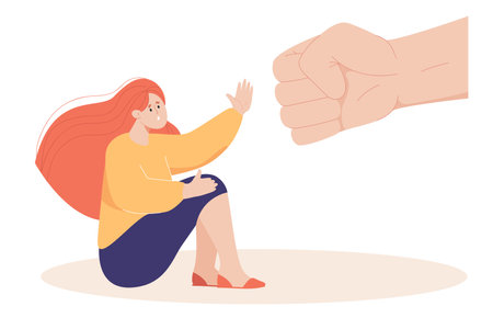 Huge human fist threatening woman flat vector illustration. Woman sitting on floor, fighting domestic violence and abuse. Discrimination, harassment, awareness, empowerment, victim conceptのイラスト素材