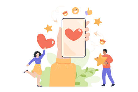 Hand holding phone with heart on screen flat vector illustration. People getting likes or feedback on social networks, sending messages, communicating with friends online. Online chat conceptのイラスト素材