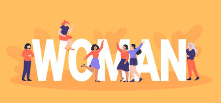 Tiny women standing near huge word woman. Happy strong female people, young girls hugging, smiling,...