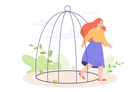 Woman getting out of birdcage flat vector illustration. Depressed girl leaving cage or jail, becoming free, getting ready for new life without mental problems. Freedom, violence, psychology conceptのイラスト素材