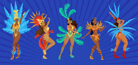 Beautiful samba dancers cartoon illustration set. Girls in carnival costumes dancing on parade in Rio, Brazil. Female people on blue background. Hobby, party, entertainment conceptのイラスト素材