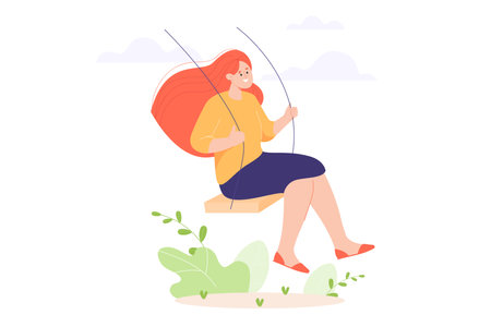 Woman swinging outdoor flat vector illustration. Happy girl spending time in park or nature, resting, relaxing, having good mood and fun. Leisure, recreation, happiness conceptのイラスト素材