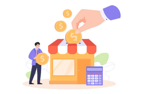 Tiny man near his shop with gold coin flat vector illustration. Businessman receiving government subsidy, grant, money, help in crisis. Assistance, support, finance conceptのイラスト素材