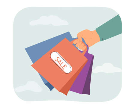 Shopping bags in hand flat vector illustration. Person or customer making purchases at sales. Discounts, store, promotion concept for banner, website design or landing web pageのイラスト素材