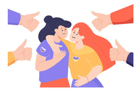 Russian and Ukrainian girls hugging flat vector illustration. Thumbs up gesture. Friendship of nations, unity, peace, independence, patriotism, freedom, togetherness conceptのイラスト素材
