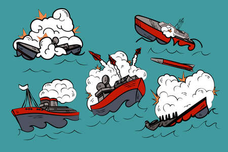 Comic book of submarines in battle cartoon illustration set. Warships or boats fighting in sea, exploding bombs, launching missiles. Military action, explosion conceptのイラスト素材