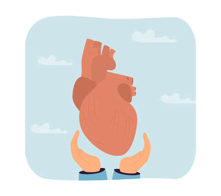 Hands holding heart. Hands cupping human organ against blue sky. Biology, medicine, charity concept for banner, website design or landing web pageのイラスト素材