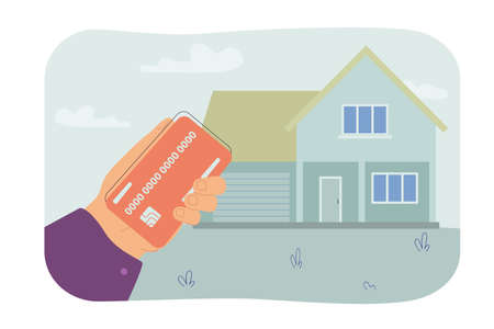 Person buying house with garage. Hand holding credit card in front of new home. Purchase, real estate concept for banner, website design or landing web pageのイラスト素材