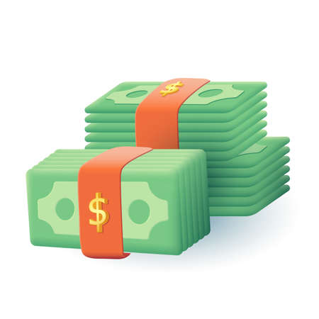 Stacks of money 3d cartoon style icon on white background. Dollar banknotes, cash or currency flat vector illustration. Investment, bank, wealth, success, finance, currency conceptのイラスト素材