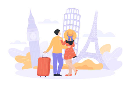 Couple waiting for airplane flight flat vector illustration. Back view of man and woman hugging, looking at Eiffel tower, Big Ben, Leaning tower of Pisa. Famous landmarks, transport, travel conceptのイラスト素材