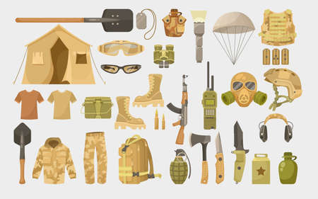 Desert camouflage uniform or equipment cartoon illustration set. Gas mask, tent, military clothes, bulletproof vest, rifle, bullets, hand grenade, parachute, dagger or knife. Army, weapon conceptのイラスト素材
