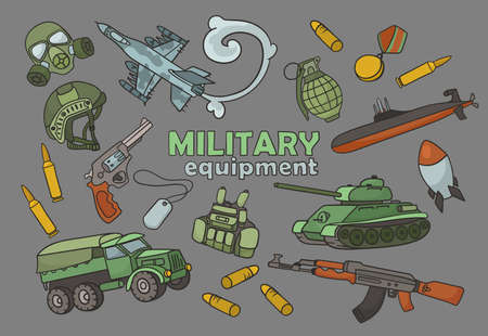 Colorful doodle military equipment cartoon illustration set. Bullets, tanks, aircraft, war engine or military vehicle, gas mask, armor or bulletproof vest, machine pistol, gun. Army, weapon conceptのイラスト素材