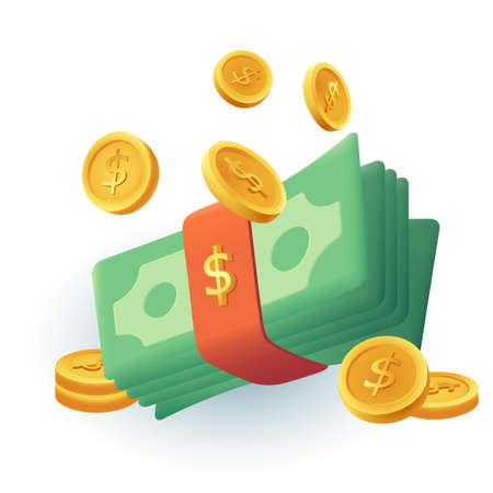 Stack of money and gold coins 3d cartoon style icon. Coins with dollar sign, wad of cash, currency flat vector illustration. Wealth, investment, success, savings, economy, profit conceptのイラスト素材