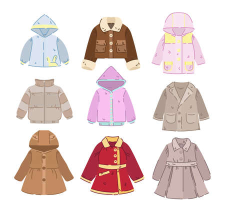 Kids coats and jackets cartoon illustration set. Winter or autumn outwear for boys and girls isolated on white background. Clothes, outdoor clothing, garment conceptのイラスト素材