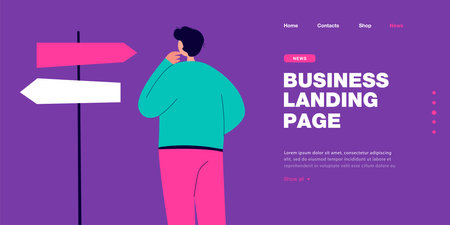 Man choosing direction of path way on road. Lost person standing in front of arrow signpost, making decision. Uncertainty, unknown future concept for banner, website design or landing web pageのイラスト素材