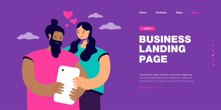 Online romantic dating of love partners. Couple of man and woman holding smartphone together on date flat vector illustration. Flirt, dating app concept for banner, website design or landing web pageのイラスト素材