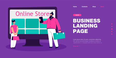 Cartoon father and daughter shopping at online store. Man and girl in front of huge computer screen flat vector illustration. Family, shopping, technology concept for banner or landing web pageのイラスト素材