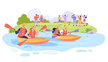 Cartoon people on river bank watching kayak race. Persons with paddles in boats kayaking or rafting, racing on boats flat vector illustration. Water sports, competition, active lifestyle conceptのイラスト素材