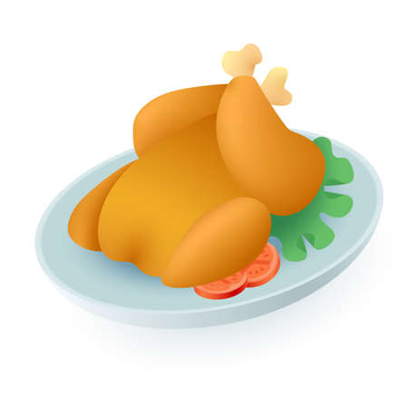 3d cartoon style fried chicken on plate icon. Roasted chicken with lettuce leaves and slices of tomatoes flat vector illustration. Food, poultry, restaurant, dinner conceptのイラスト素材