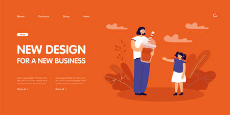 Mother giving huge cup of boba or bubble tea to daughter. Child next to woman holding delicious milk drink flat vector illustration. Beverage, summer, dessert concept for banner or landing web pageのイラスト素材