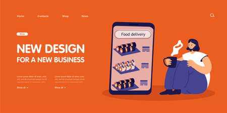 Tiny lady with cup of tea sitting near phone with food delivery app on screen. Girl ordering meal online flat vector illustration. Food delivery concept for banner, website design or landing web pageのイラスト素材