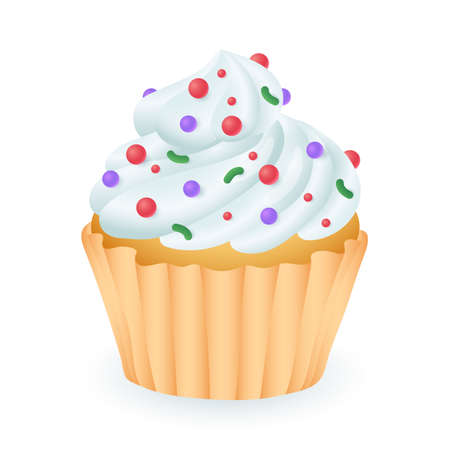 3d cartoon style cupcake with whipped cream and sprinkles icon. Realistic sweet dessert or muffin on white background flat vector illustration. Pasty, party, unhealthy food conceptのイラスト素材