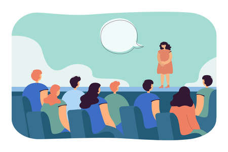 Cute girl giving presentation or performing on stage. Children in audience listening to kid flat vector illustration. Performance, talent show, education concept for banner or landing web pageのイラスト素材