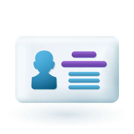 3d cartoon style ID or identification card icon. Profile card with personal data and photo or driver...
