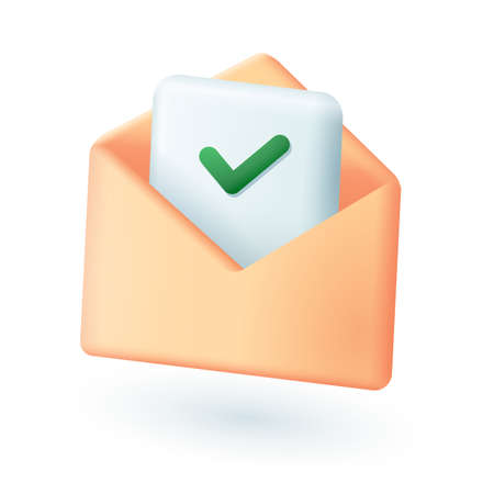3d cartoon style envelope with approved document icon. Sheet of paper or letter with green check mark flat vector illustration. Business, verification, success, deal, correspondence conceptのイラスト素材