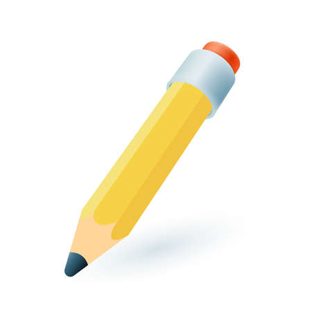 Yellow pencil with eraser 3D icon. Stationery or tool for drawing or writing 3D vector illustration on white background. Education, school supplies, art, business, creativity conceptのイラスト素材