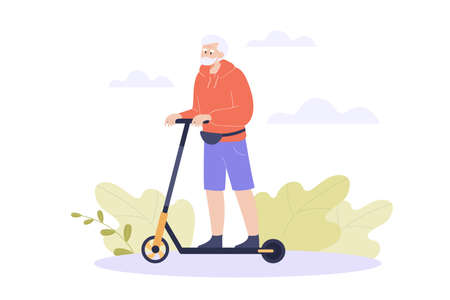 Senior character riding electric scooter outdoors. Urban scene with old man on personal transporter on road flat vector illustration. Active ageing, technology, transportation concept for bannerのイラスト素材